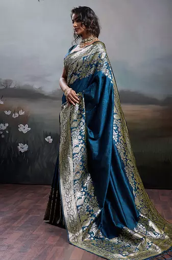 Teal blue banarasi silk blend saree with rich gold zari weaving