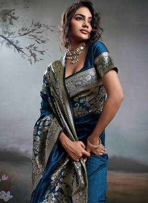 Teal blue banarasi silk blend saree with rich gold zari weaving 3
