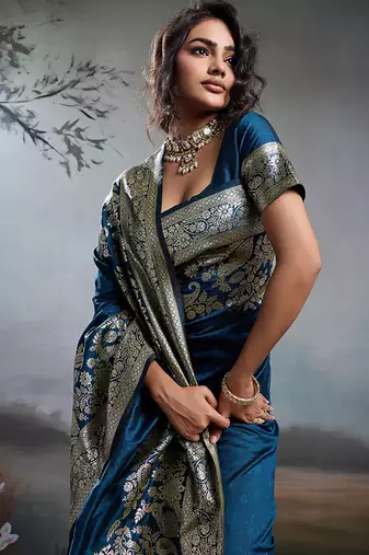 Teal blue banarasi silk blend saree with rich gold zari weaving