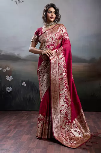 Rani pink banarasi silk blend saree with rich gold zari weaving