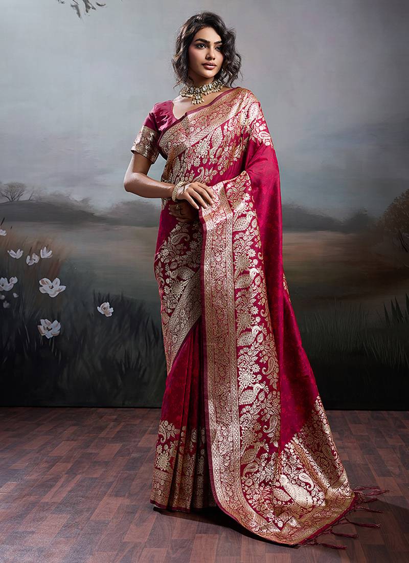 Rani pink banarasi silk blend saree with rich gold zari weaving