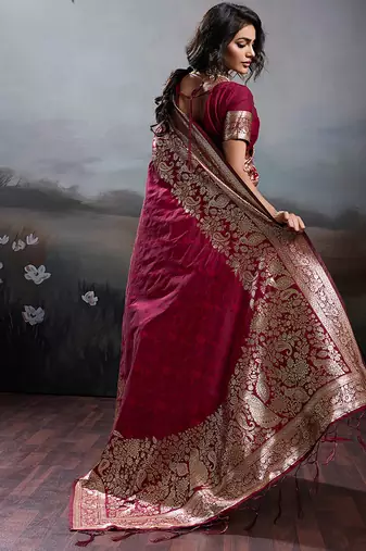 Rani pink banarasi silk blend saree with rich gold zari weaving