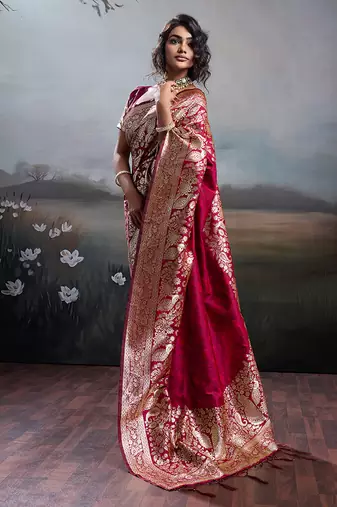 Rani pink banarasi silk blend saree with rich gold zari weaving