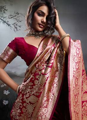 Rani pink banarasi silk blend saree with rich gold zari weaving 4