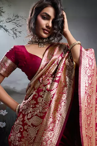 Rani pink banarasi silk blend saree with rich gold zari weaving