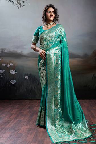 Turquoise banarasi silk blend saree with rich gold zari weaving