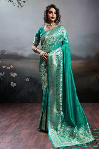 Turquoise banarasi silk blend saree with rich gold zari weaving