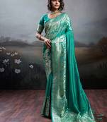 Turquoise banarasi silk blend saree with rich gold zari weaving
