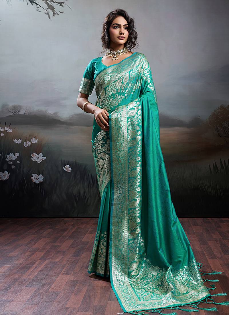 Turquoise banarasi silk blend saree with rich gold zari weaving