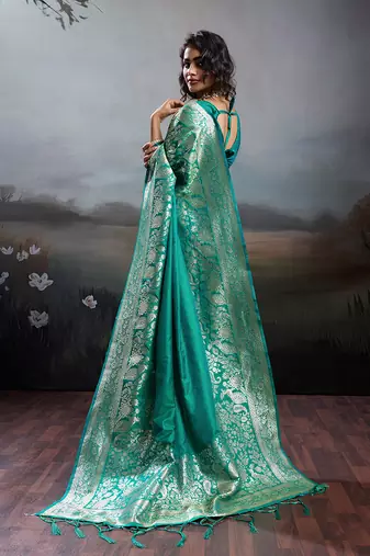 Turquoise banarasi silk blend saree with rich gold zari weaving