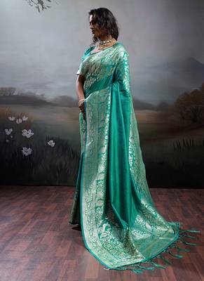 Turquoise banarasi silk blend saree with rich gold zari weaving 3