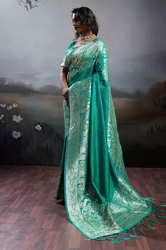 Turquoise banarasi silk blend saree with rich gold zari weaving