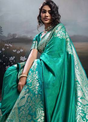 Turquoise banarasi silk blend saree with rich gold zari weaving 4