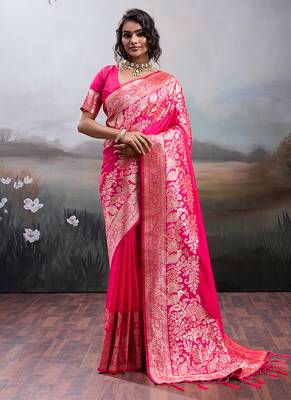 Gajri pink banarasi silk blend saree with rich gold zari weaving 1