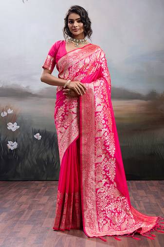 Gajri pink banarasi silk blend saree with rich gold zari weaving