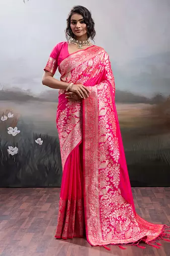 Gajri pink banarasi silk blend saree with rich gold zari weaving