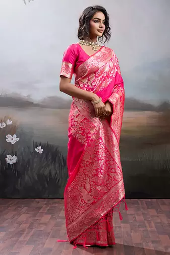 Gajri pink banarasi silk blend saree with rich gold zari weaving