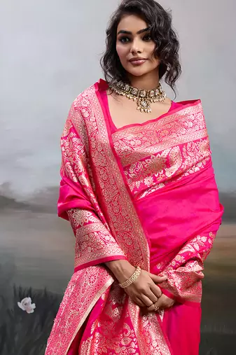 Gajri pink banarasi silk blend saree with rich gold zari weaving