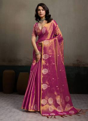 Onion pink linen silk blend saree with gold zari bootas and tassels 1