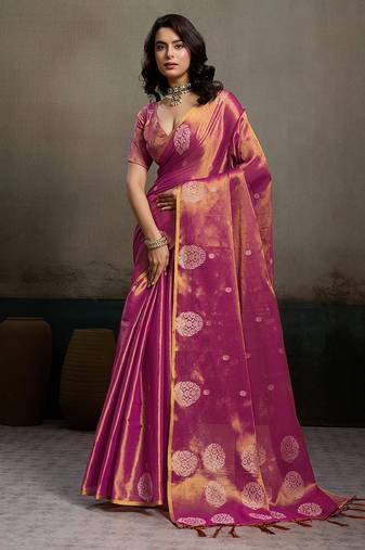 Onion pink linen silk blend saree with gold zari bootas and tassels