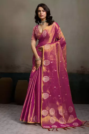 Onion pink linen silk blend saree with gold zari bootas and tassels