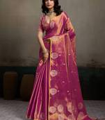Onion pink linen silk blend saree with gold zari bootas and tassels