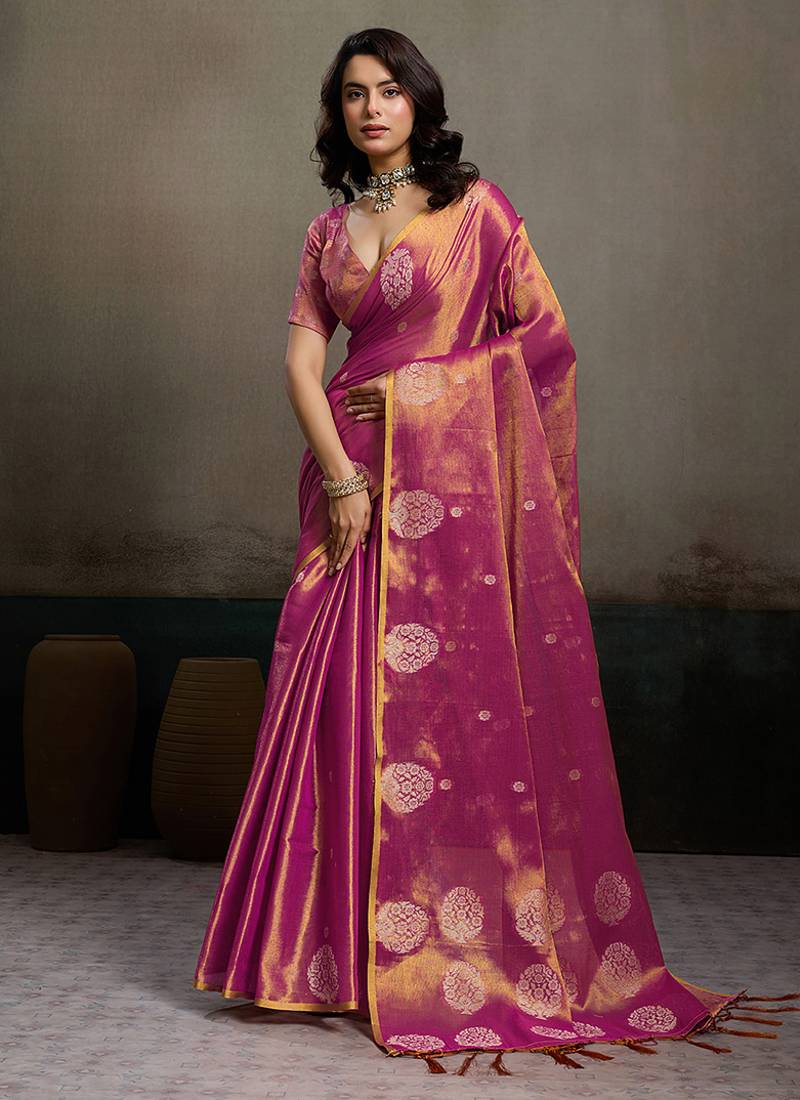 Onion pink linen silk blend saree with gold zari bootas and tassels