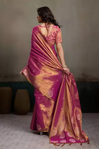 Onion pink linen silk blend saree with gold zari bootas and tassels