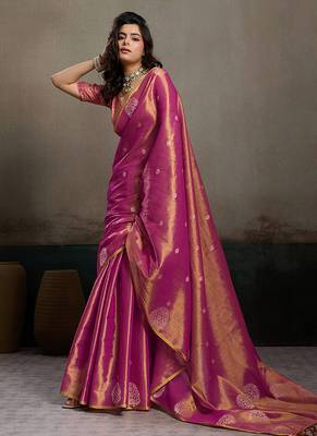 Onion pink linen silk blend saree with gold zari bootas and tassels 3