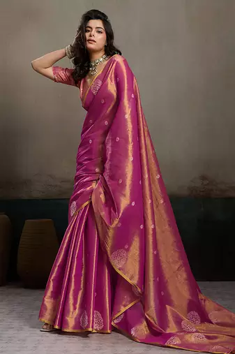 Onion pink linen silk blend saree with gold zari bootas and tassels