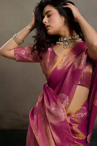 Onion pink linen silk blend saree with gold zari bootas and tassels