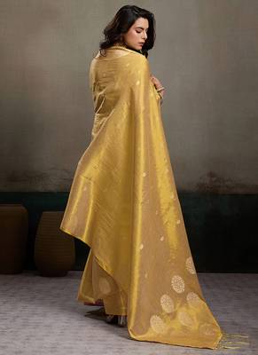 Gold linen silk blend saree with gold zari bootas and tassels 2
