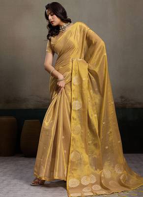 Gold linen silk blend saree with gold zari bootas and tassels 3