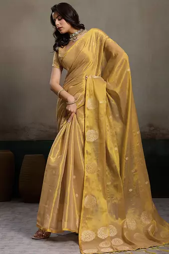 Gold linen silk blend saree with gold zari bootas and tassels