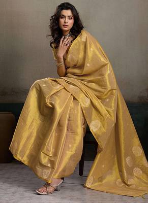 Gold linen silk blend saree with gold zari bootas and tassels 4