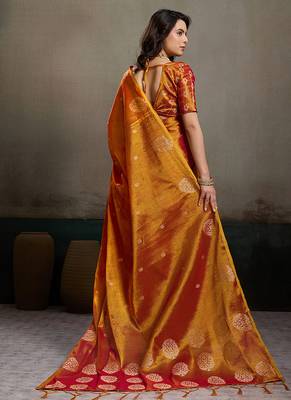 Rust orange linen silk blend saree with gold zari bootas and tassels 2