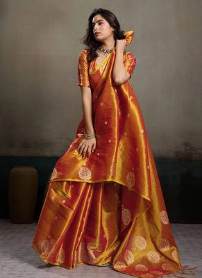 Rust orange linen silk blend saree with gold zari bootas and tassels 3