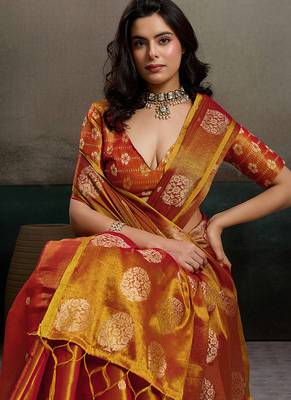 Rust orange linen silk blend saree with gold zari bootas and tassels 4