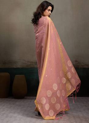 Light peach linen silk blend saree with gold zari bootas and tassels 2