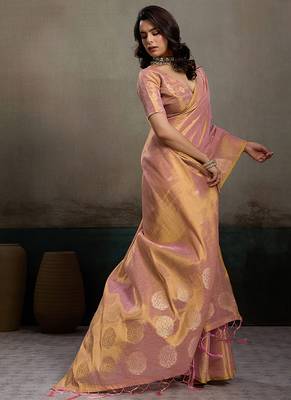 Light peach linen silk blend saree with gold zari bootas and tassels 3