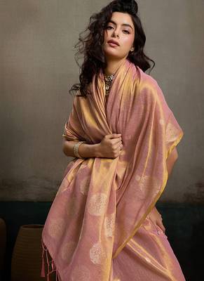 Light peach linen silk blend saree with gold zari bootas and tassels 4