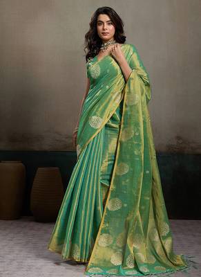 Sea green linen silk blend saree with gold zari bootas and tassels 1
