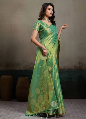 Sea green linen silk blend saree with gold zari bootas and tassels 3