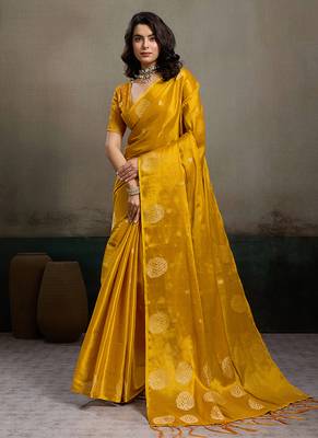 Mustard yellow linen silk blend saree with gold zari bootas and tassels 1
