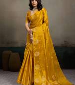 Mustard yellow linen silk blend saree with gold zari bootas and tassels