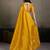 Mustard yellow linen silk blend saree with gold zari bootas and tassels