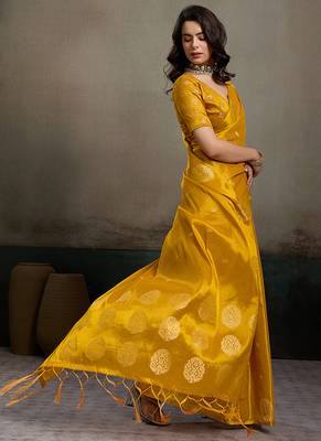 Mustard yellow linen silk blend saree with gold zari bootas and tassels 3
