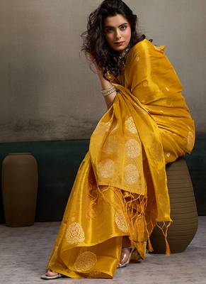 Mustard yellow linen silk blend saree with gold zari bootas and tassels 4