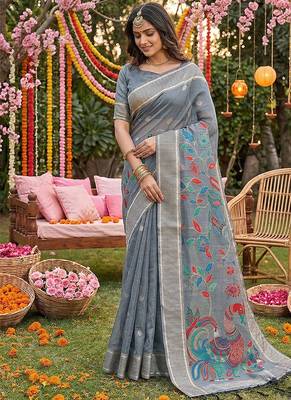 Grey banarasi silk blend saree with multicolor meenakari peacock weaving 1