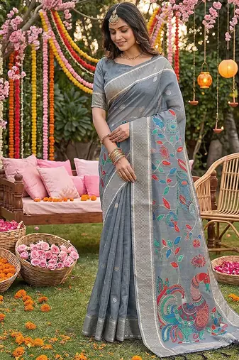 Grey banarasi silk blend saree with multicolor meenakari peacock weaving
